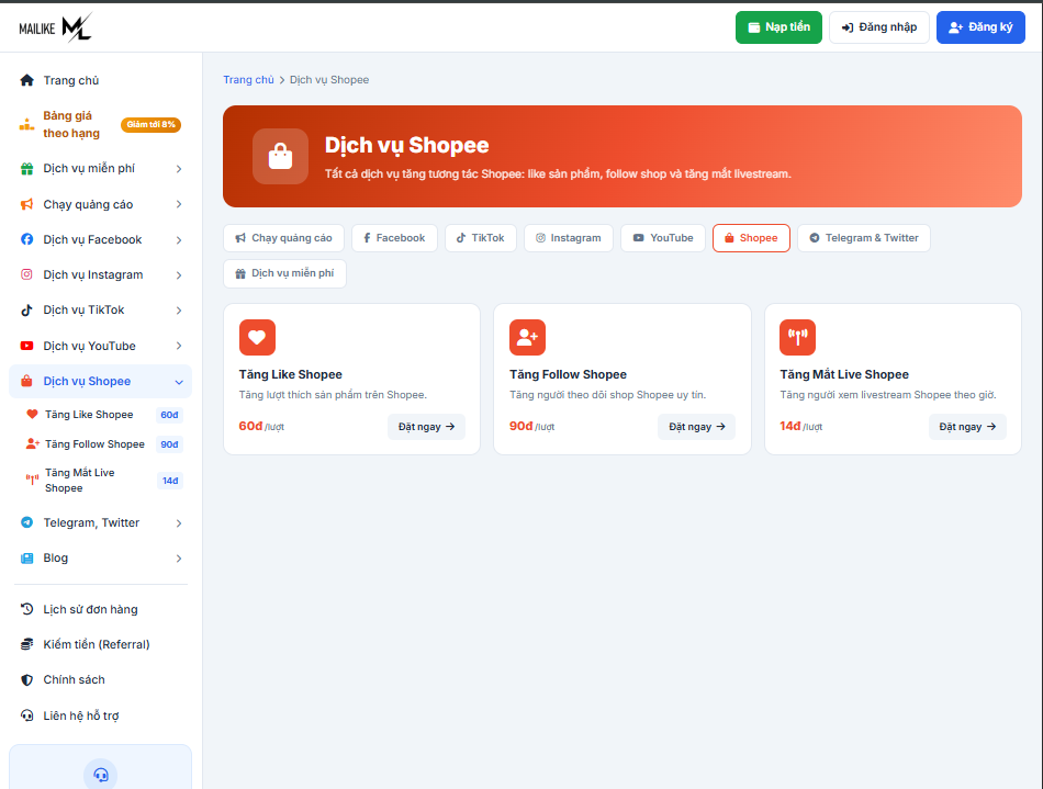Sử dụng đa dạng các dịch vụ shopee tại Mailike