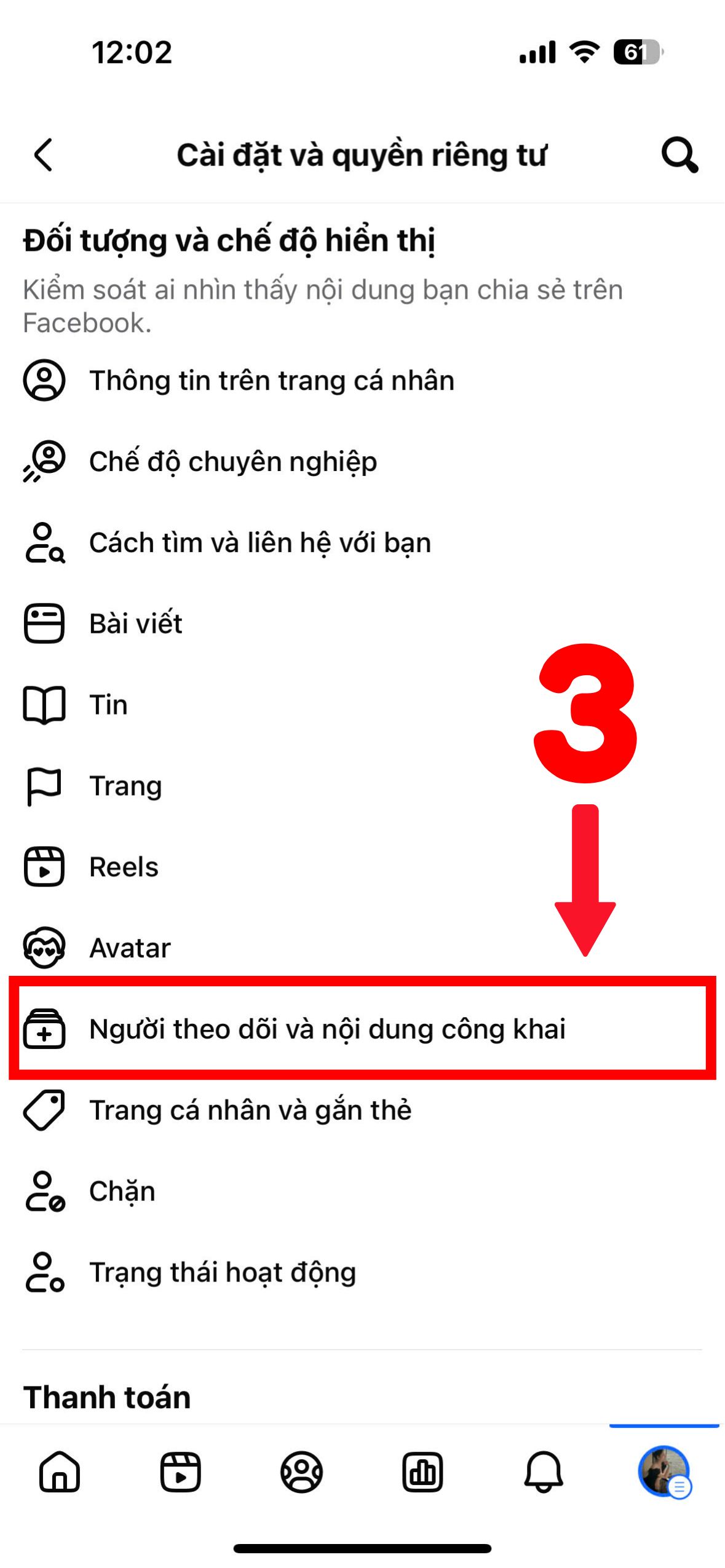 cách bật người theo dõi trên facebook bằng điện thoại bước 3