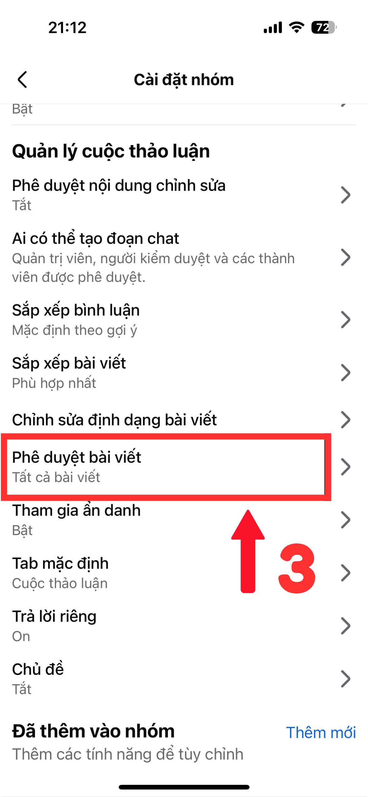 Cách bật phê duyệt bài viết nhóm facebook bằng điện thoại - bước 3