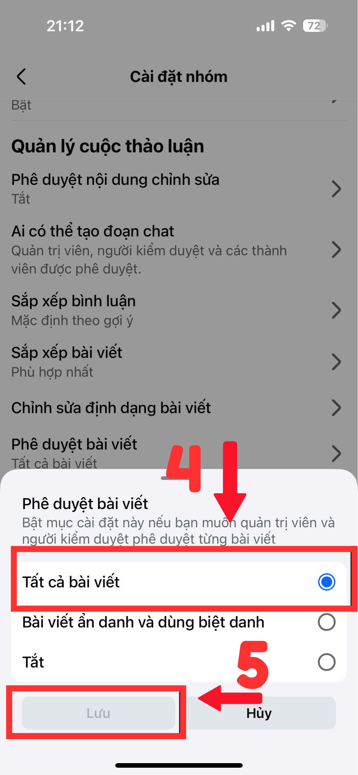 Cách bật phê duyệt bài viết trong nhóm facebook bằng điện thoại bước 4