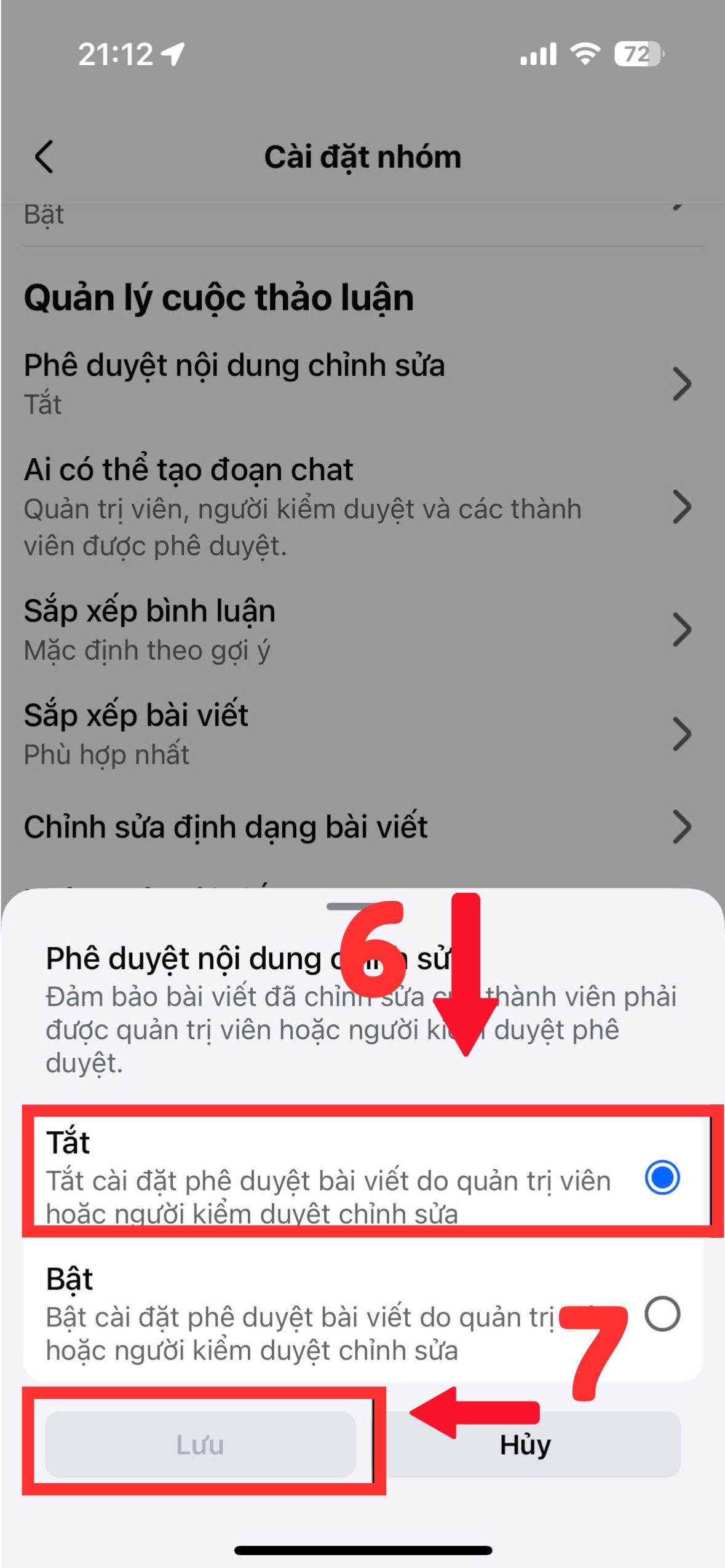 Cách bật phê duyệt bài viết trong nhóm facebook bằng điện thoại bước 5
