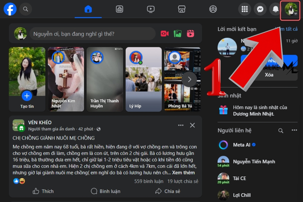 Truy cập vào tài khoản Facebook của bạn, nhấn chọn biểu tượng tài khoản