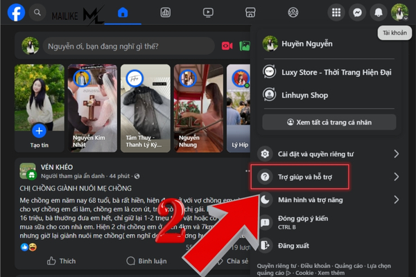 Chọn mục Trợ giúp và hỗ trợ từ facebook