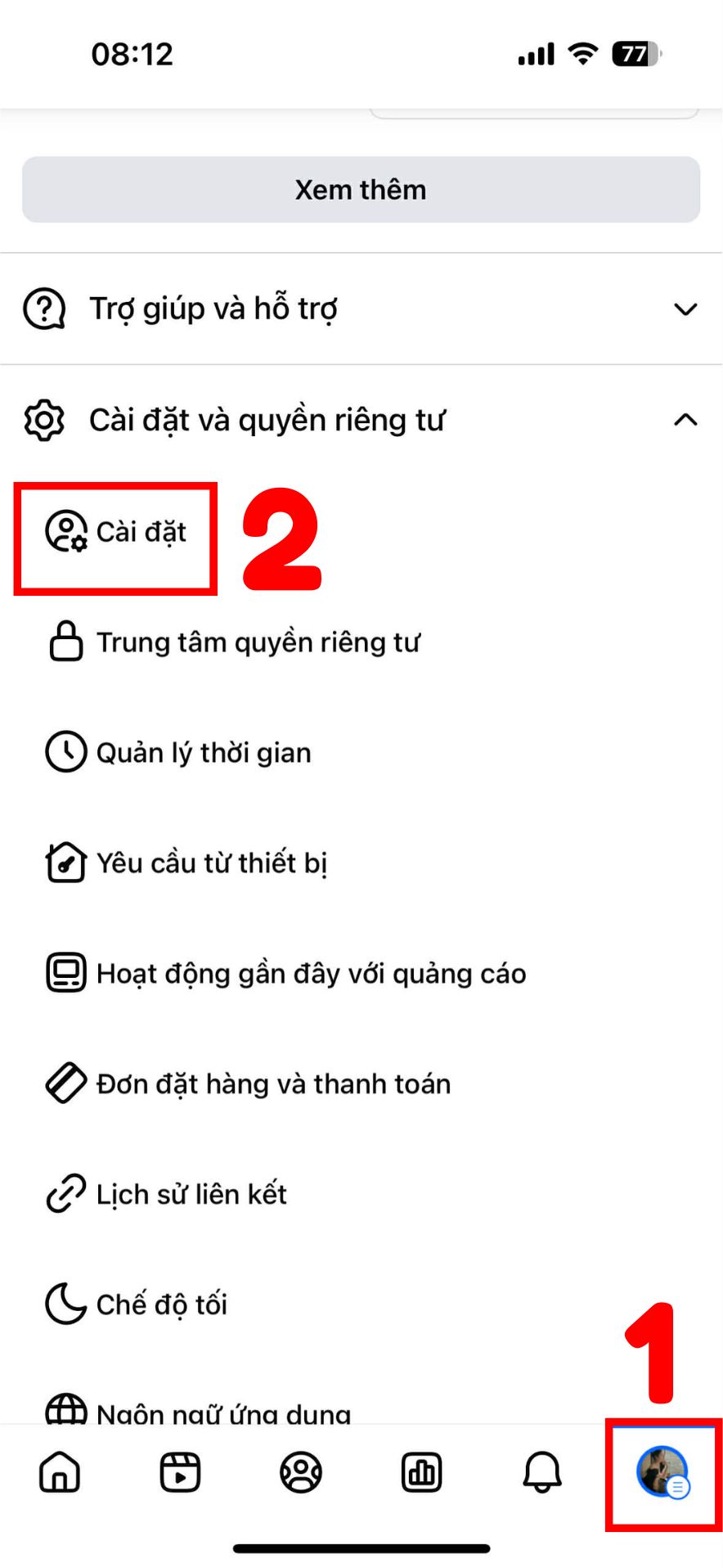 Chọn mục Cài đặt