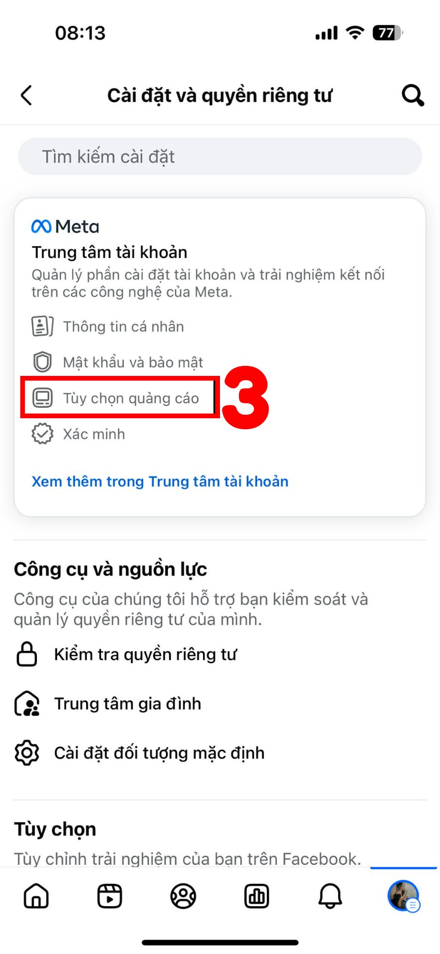 Tùy chọn quảng cáo trên thẻ Meta