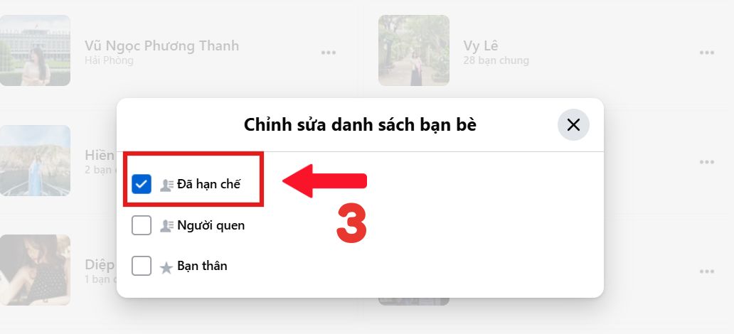 Chọn mục Đã hạn chế