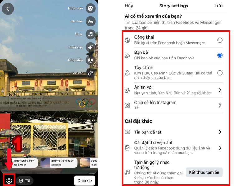 Giao diện hiện tại của cách bật bình luận trên story facebook