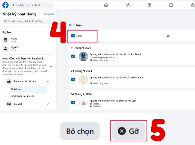 Cách xóa tất cả bình luận của mình trên Facebook