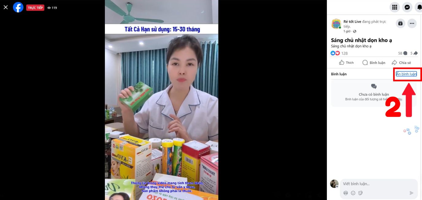 Bình luận hiển thị trên livestream facebook máy tính