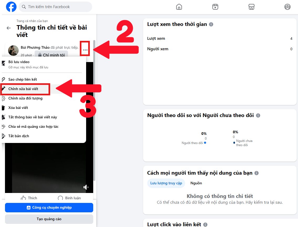 Chọn chỉnh sửa bài viết để cắt video livestream trên facebook