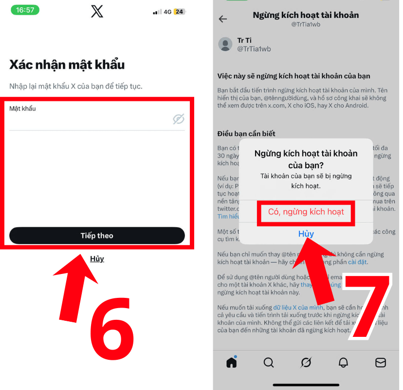Nhập mật khẩu để xác nhận xóa tài khoản Twitter