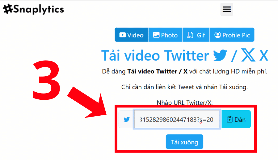Dán link Video cần tải vào trang web hỗ trợ