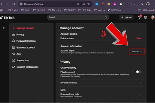 Trong mục Tài khoản/Manage account nhấn vào Vùng/khu vực tài khoản (Vietnam) để thay đổi quốc gia