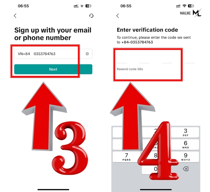 Nhập số điện thoại và mã code