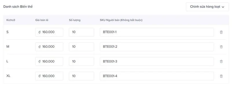Ví dụ danh sách SKU sản phẩm