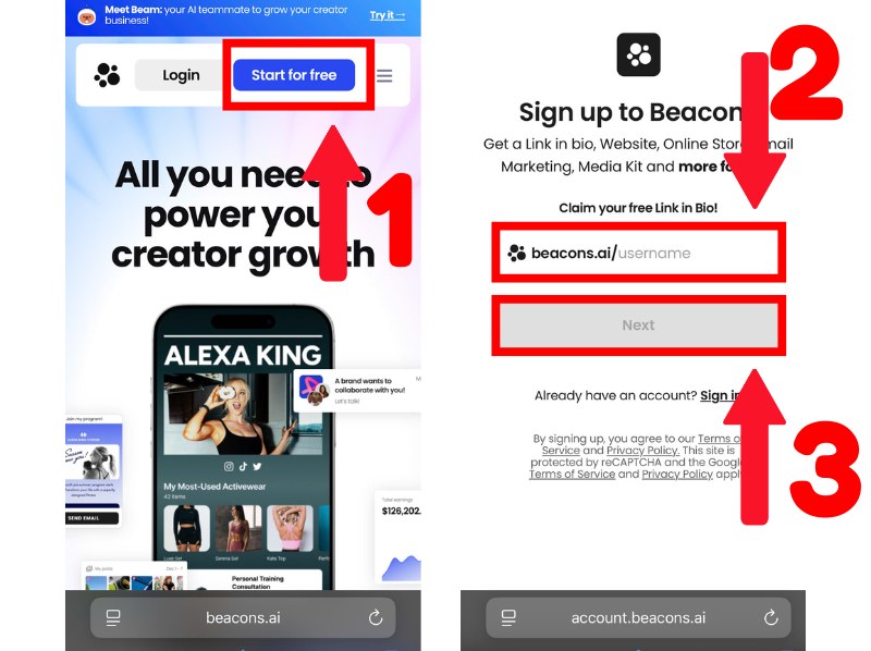 Truy cập website Beacons.ai và tạo tài khoản