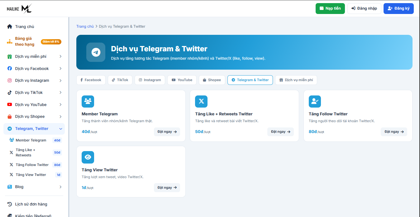 Mailike.xyz còn cung cấp nhóm dịch vụ Telegram giúp người dùng trải nghiệm