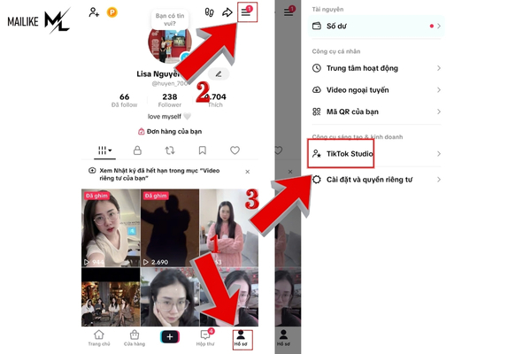 Vào trang cá nhân chọn mục tiktok studio