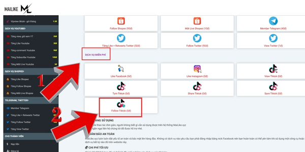 Truy cập vào dịch vụ miễn phí của Mailike, ấn vào follow Tiktok (0đ)