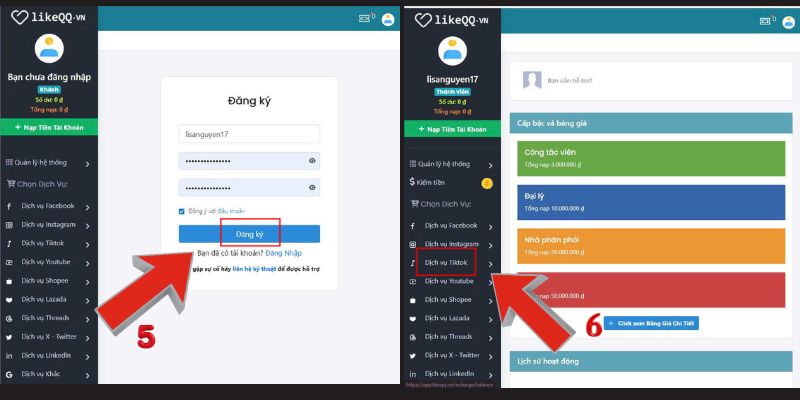 Nhập thông tin dữ liệu trong bảng rồi ấn nút đăng ký, Chọn mục “Dịch vụ tiktok”