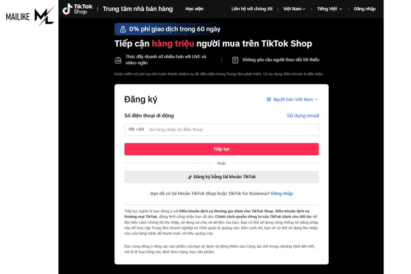 Truy cập tiktok shop trên website