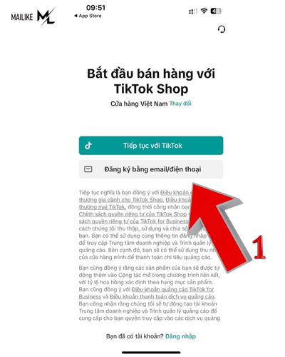   Đăng ký tiktok shop bằng tài khoản tiktok hoặc qua email/điện thoại