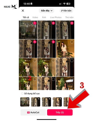 Chọn những ảnh muốn đăng rồi ấn Tiếp tục