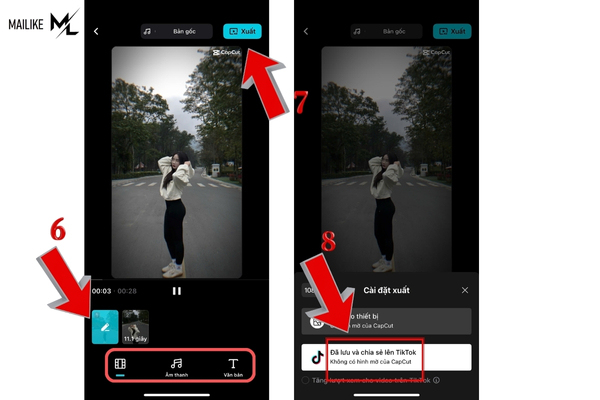 Chỉnh ảnh, text rồi xuất bản để đăng video từ Capcut lên Tiktok