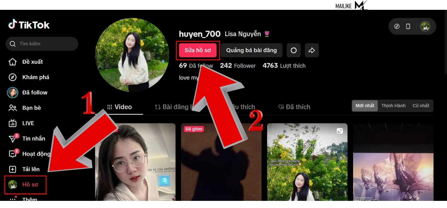 Chọn Sửa hồ sơ là cách đổi tên Tiktok đơn giản nhất