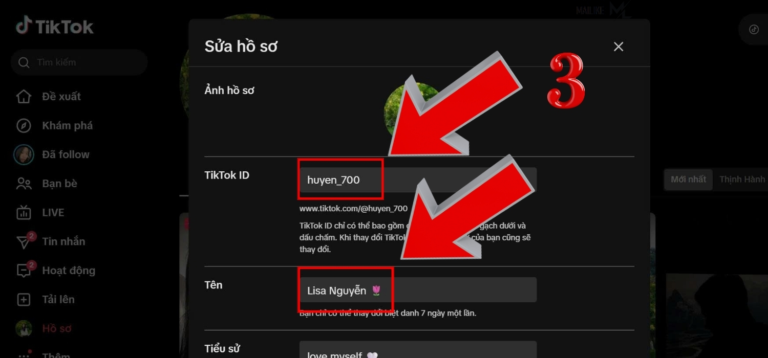Chọn đổi tên Tiktok hoặc ID tùy nhu cầu của mỗi người