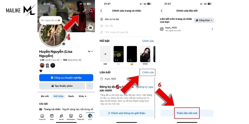 Chỉnh sửa phần thêm liên kết trong trang cá nhân Facebook