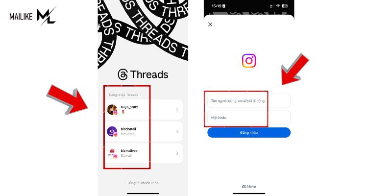 Chọn tài khoản Instagram để login vào Threads