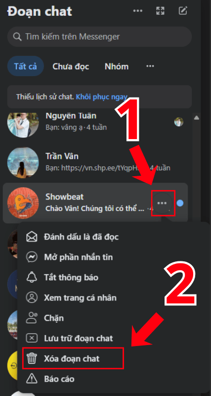 Cách xóa tin nhắn trên Facebook trên máy tính