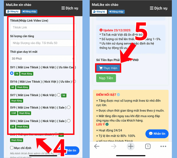 Nhập thông tin cần thiết để tăng mắt livestream Tiktok