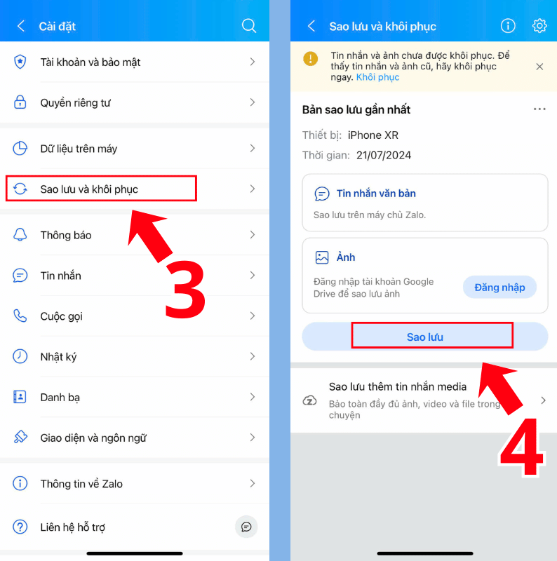 Nhấn Sao lưu và khôi phục 