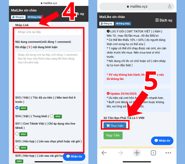 Nhập thông tin cần thiết để tăng bình luận TikTok