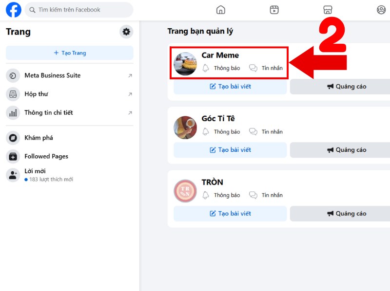 Chọn Fanpage muốn thêm quản trị viên