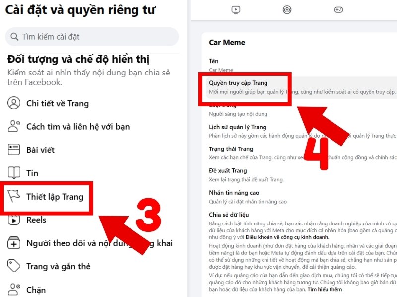 Chọn mục Quyền truy cập Trang