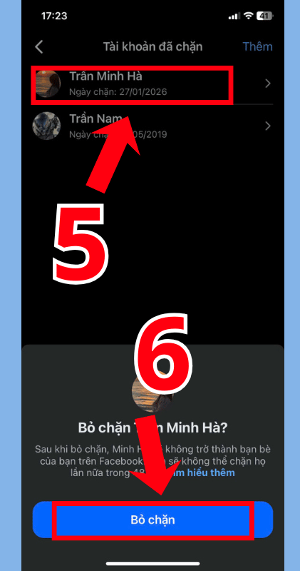 Bỏ chặn tài khoản bạn muốn