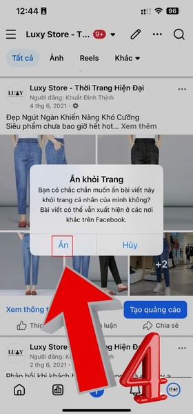 Nhấn chọn "ẩn" để hoàn tất cách ẩn bài viết trên Fanpage