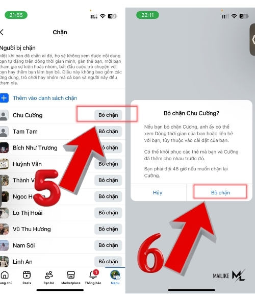 Ấn "Bỏ chặn" để hoàn tất cách bỏ chặn trên Facebook