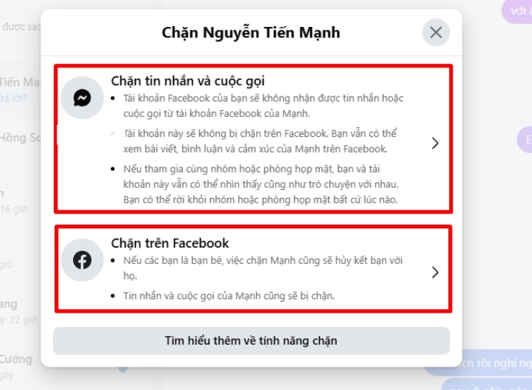 Chọn chặn tin nhắn và cuộc gọi hay chặn trên Facebook