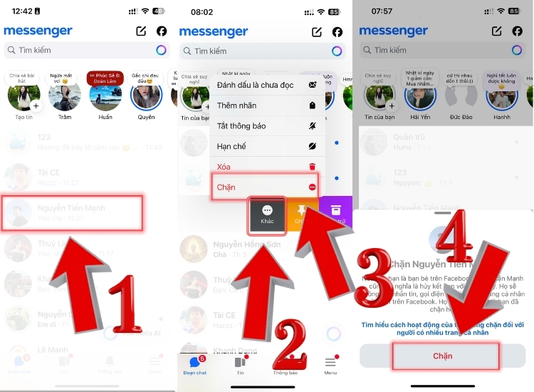 Cách chặn tin nhắn facebook trên điện thoại bằng cách vuốt