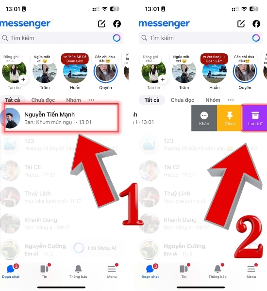 Cách lưu trữ tin nhắn trên Facebook qua điện thoại bằng cách vuốt