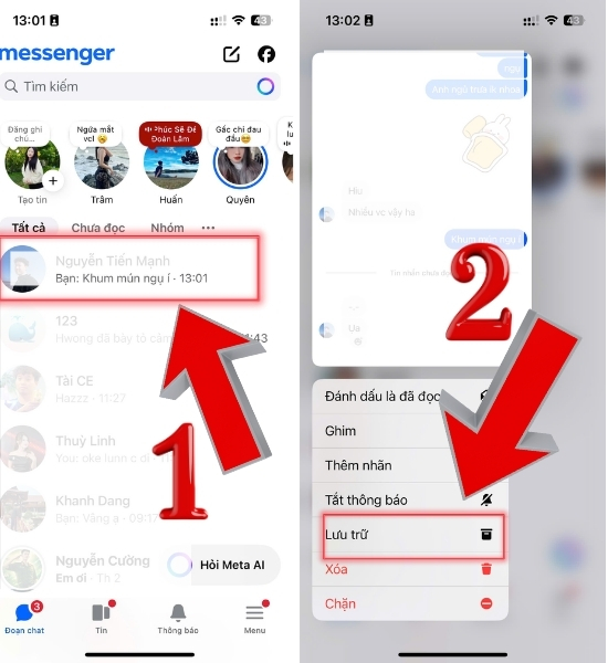 Cách lưu trữ tin nhắn trên facebook qua điện thoại bằng cách nhấn giữ