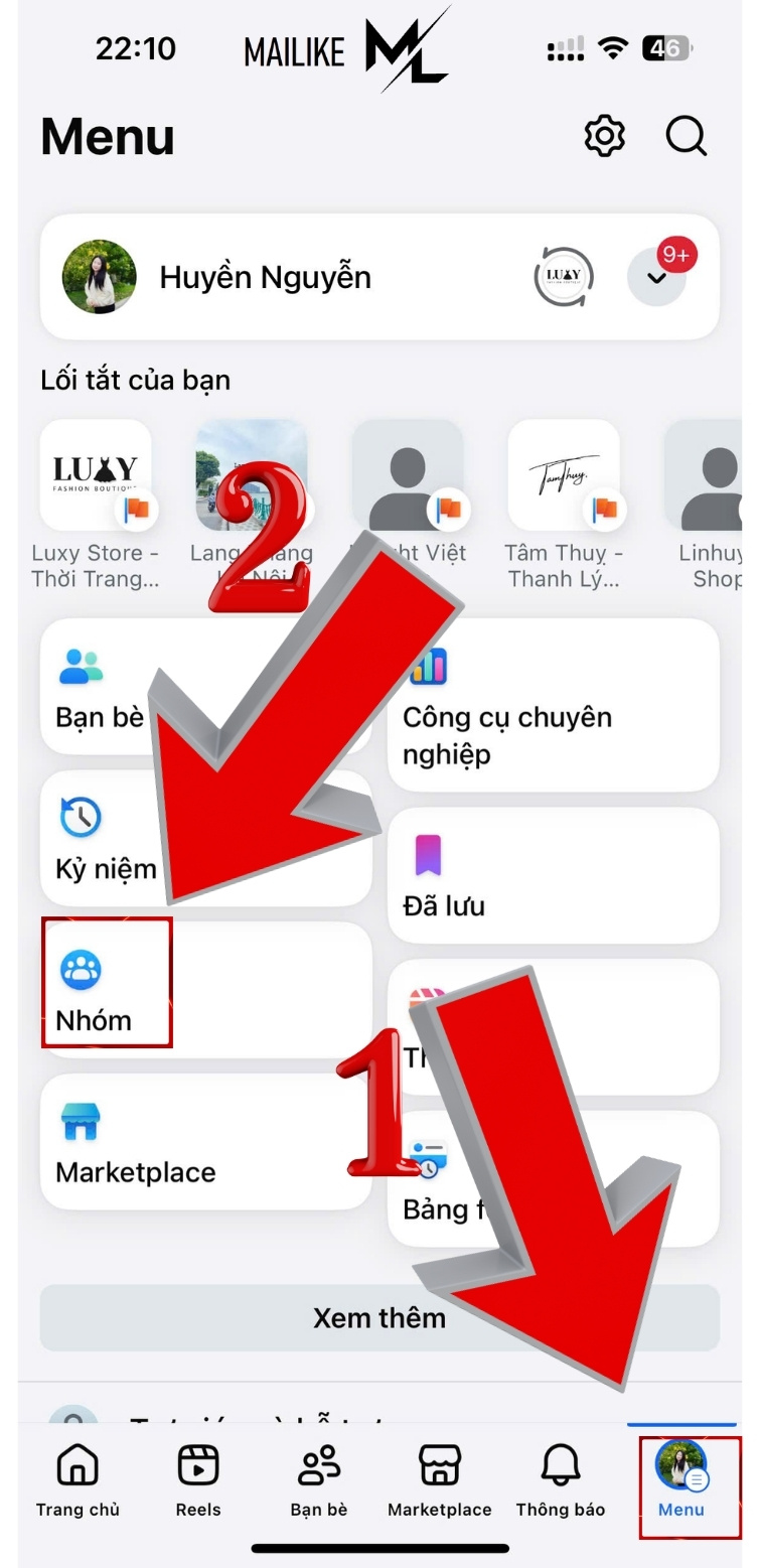 Vào trang cá nhân để chọn mục "Nhóm"