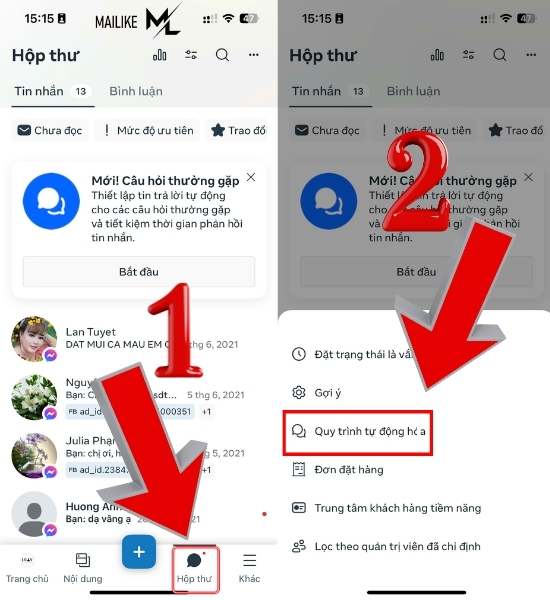 Mở hộp thư, ấn chọn "Quy trình tự động hóa"