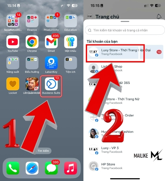 Vào app Meta Business Suite, rồi chọn Fanpage bạn muốn thực hiện