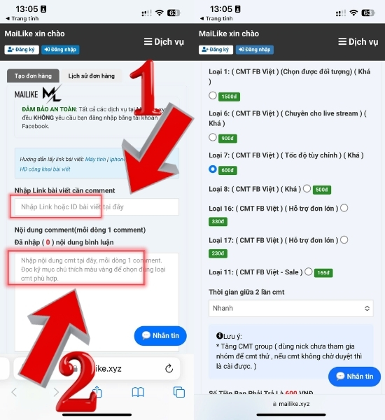 Dán link, điện nội dung bình luận và chọn loại mong muốn