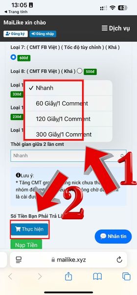 Chọn thời gian giữa 2 lần cmt rồi ấn thực hiện thanh toán